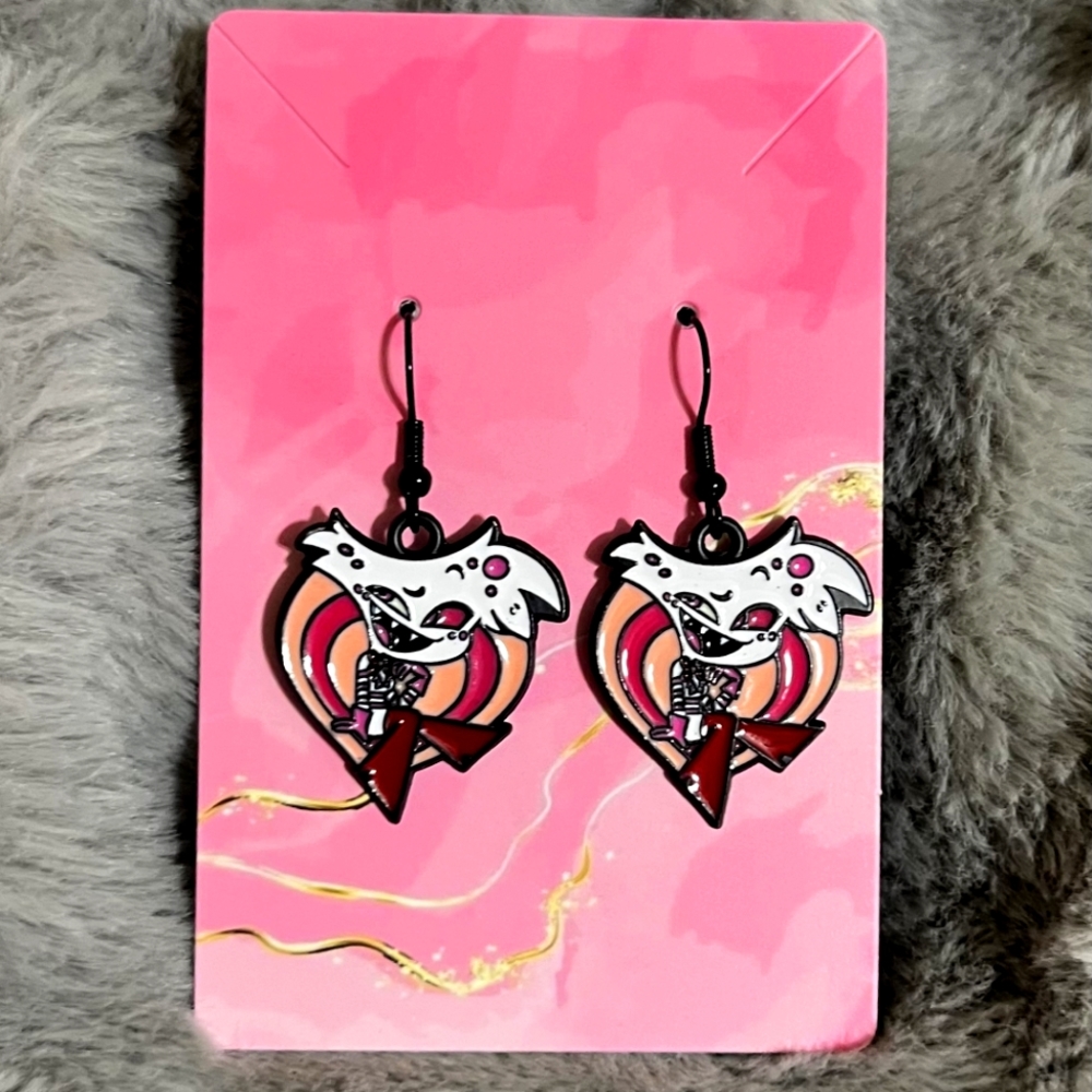 Hazbin Hotel Earrings Handmade Hypoallergenic Heart Shape Dangle‎ (Angel Dust)